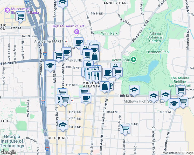 map of restaurants, bars, coffee shops, grocery stores, and more near Juniper Street Northeast & 12th Street Northeast in Atlanta