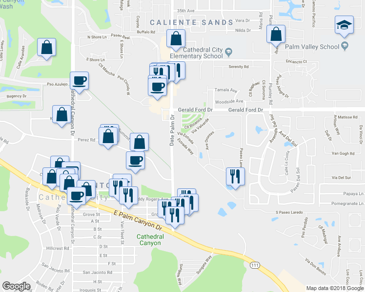 map of restaurants, bars, coffee shops, grocery stores, and more near 156 Estrada Way in Cathedral City