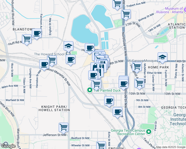 map of restaurants, bars, coffee shops, grocery stores, and more near 1040 Brady Avenue Northwest in Atlanta