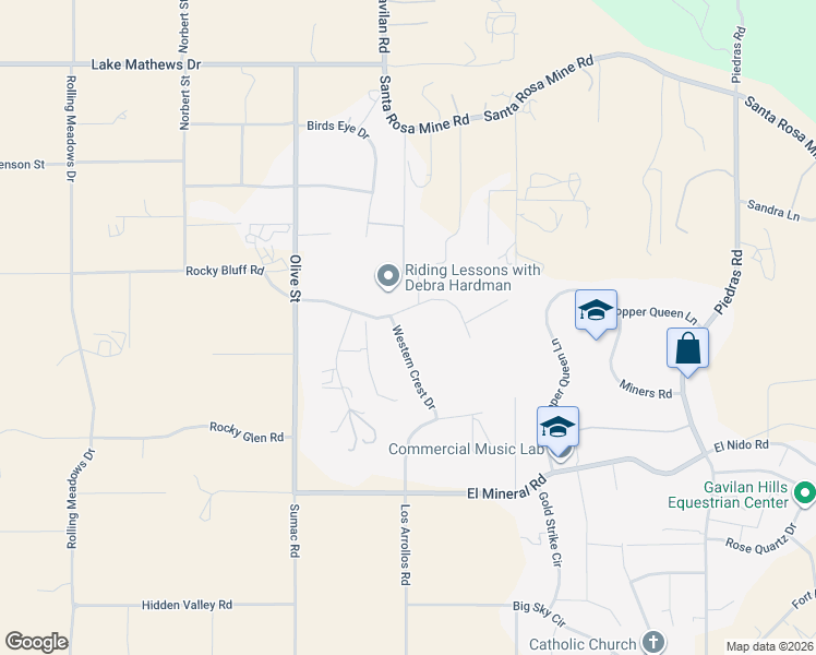map of restaurants, bars, coffee shops, grocery stores, and more near 23140 Western Crest Drive in Perris
