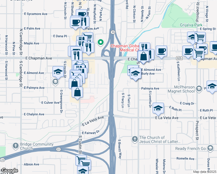 map of restaurants, bars, coffee shops, grocery stores, and more near 2041 East Palmyra Avenue in Orange