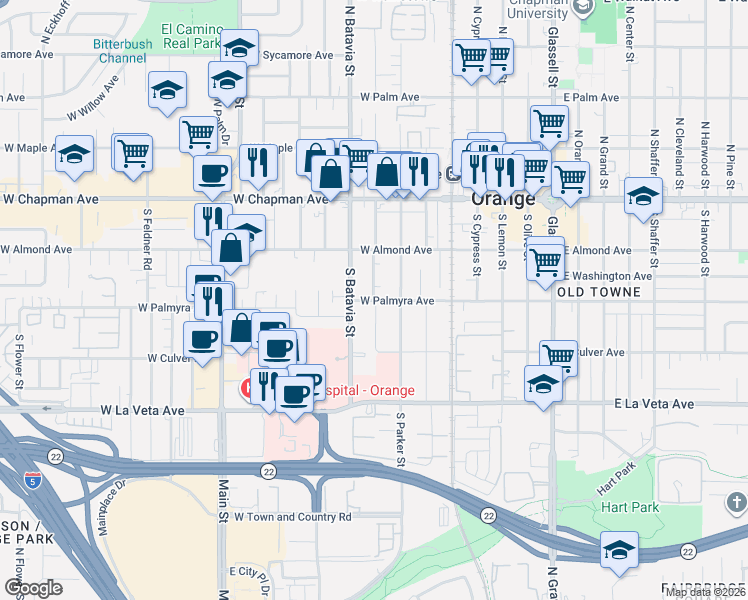 map of restaurants, bars, coffee shops, grocery stores, and more near 292 South Clark Street in Orange