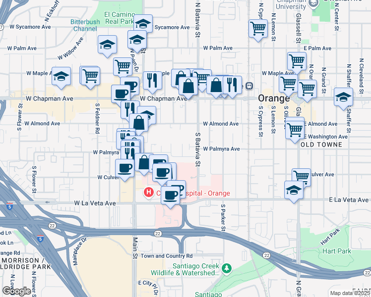 map of restaurants, bars, coffee shops, grocery stores, and more near 286 South Batavia Street in Orange