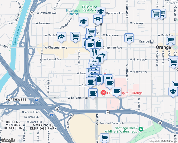 map of restaurants, bars, coffee shops, grocery stores, and more near 1475 West Palmyra Avenue in Orange