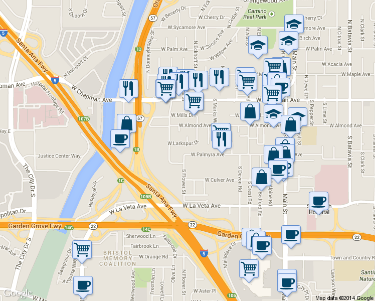 map of restaurants, bars, coffee shops, grocery stores, and more near 2138 West Larkspur Drive in Orange