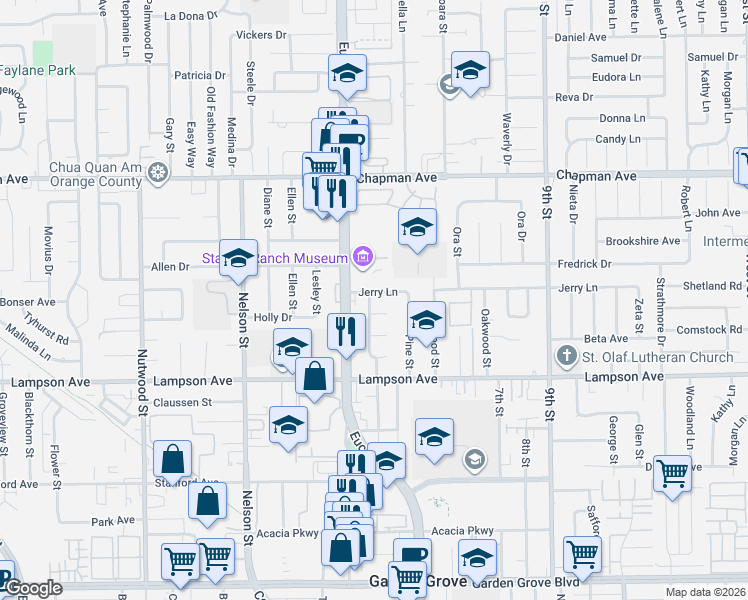map of restaurants, bars, coffee shops, grocery stores, and more near 11032 Jerry Lane in Garden Grove