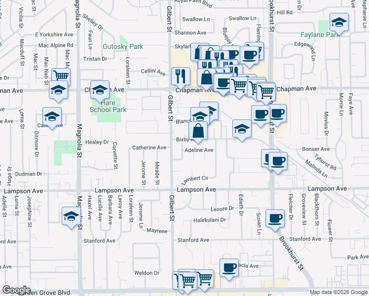 map of restaurants, bars, coffee shops, grocery stores, and more near 9581 Adeline Avenue in Garden Grove