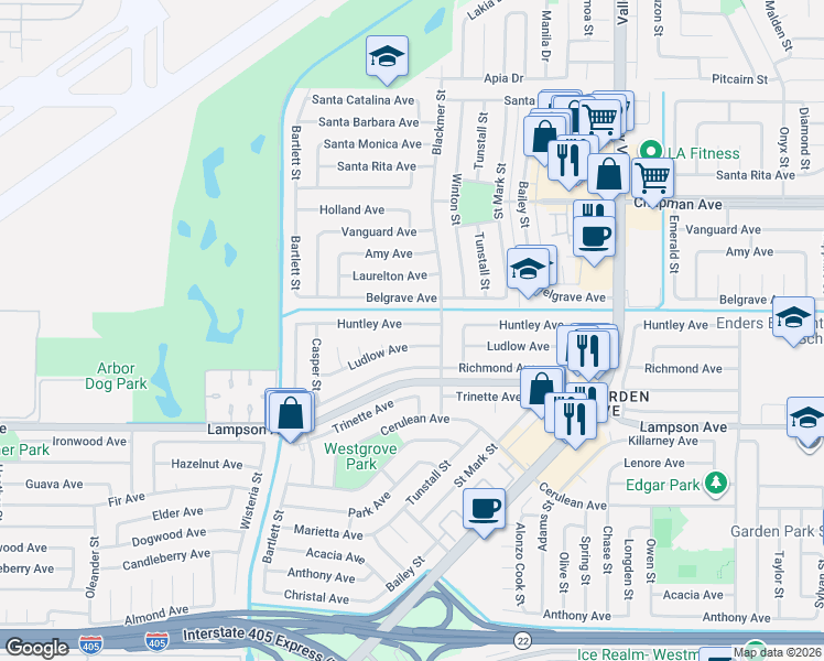 map of restaurants, bars, coffee shops, grocery stores, and more near 5542 Huntley Avenue in Garden Grove