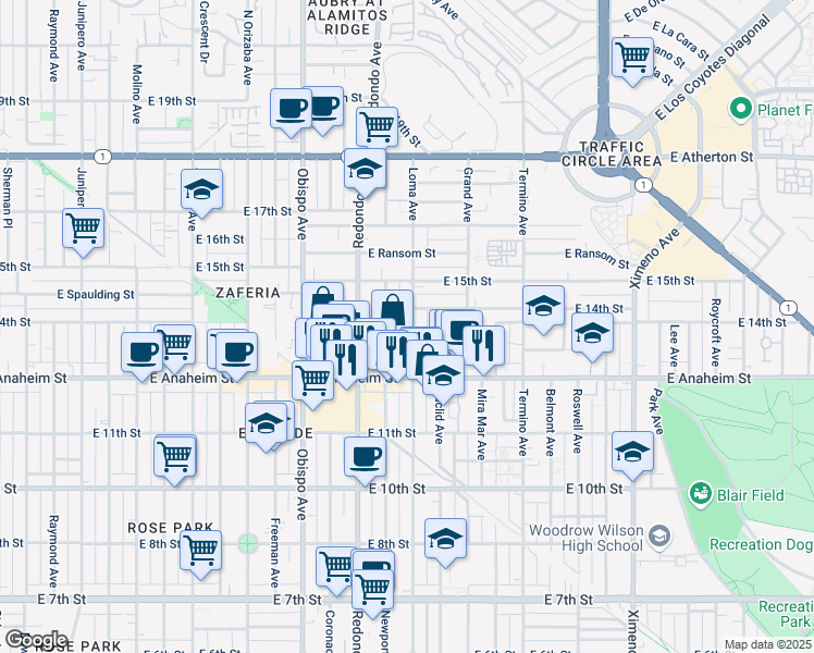 map of restaurants, bars, coffee shops, grocery stores, and more near 1375 Loma Avenue in Long Beach