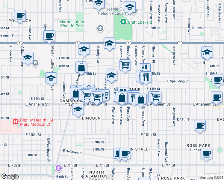 map of restaurants, bars, coffee shops, grocery stores, and more near 1609 East 14th Street in Long Beach