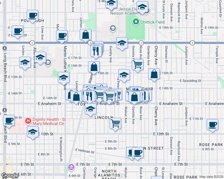 map of restaurants, bars, coffee shops, grocery stores, and more near 1315 East 14th Street in Long Beach