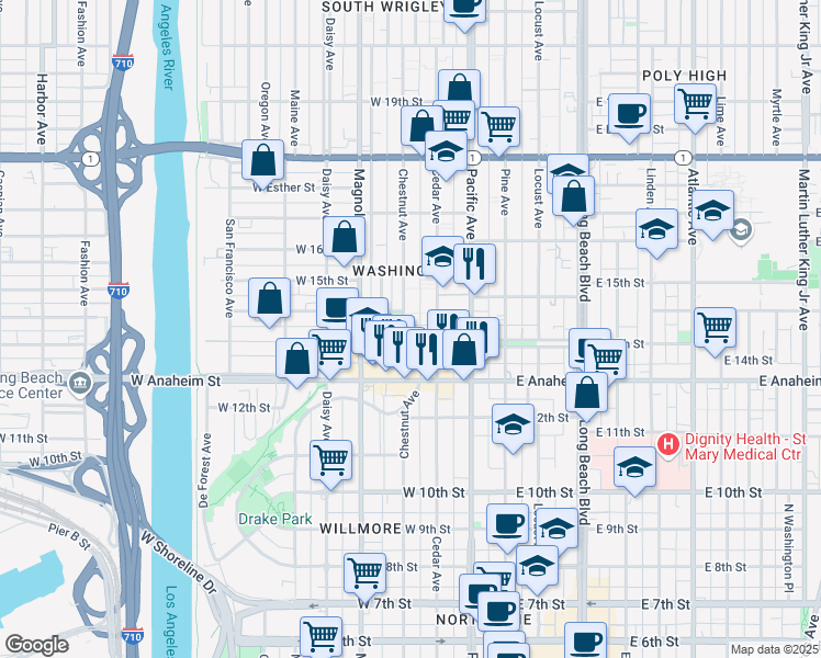 map of restaurants, bars, coffee shops, grocery stores, and more near 1415 Cedar Avenue in Long Beach