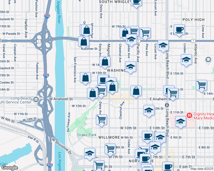 map of restaurants, bars, coffee shops, grocery stores, and more near 512 West Cowles Street in Long Beach