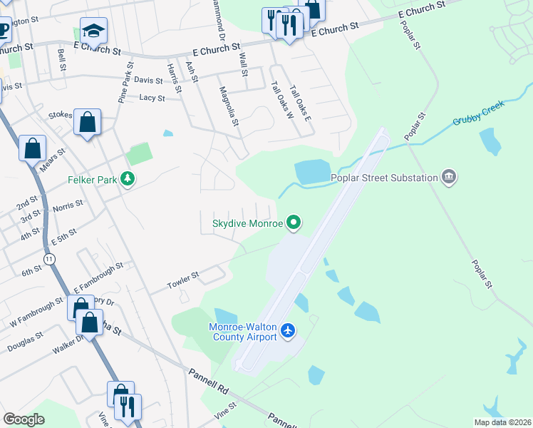 map of restaurants, bars, coffee shops, grocery stores, and more near 1043 Wheel House Lane in Monroe