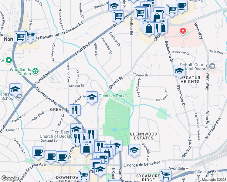 map of restaurants, bars, coffee shops, grocery stores, and more near 1179 Church Street in Decatur