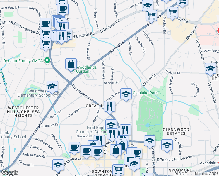 map of restaurants, bars, coffee shops, grocery stores, and more near 155 Superior Avenue in Decatur