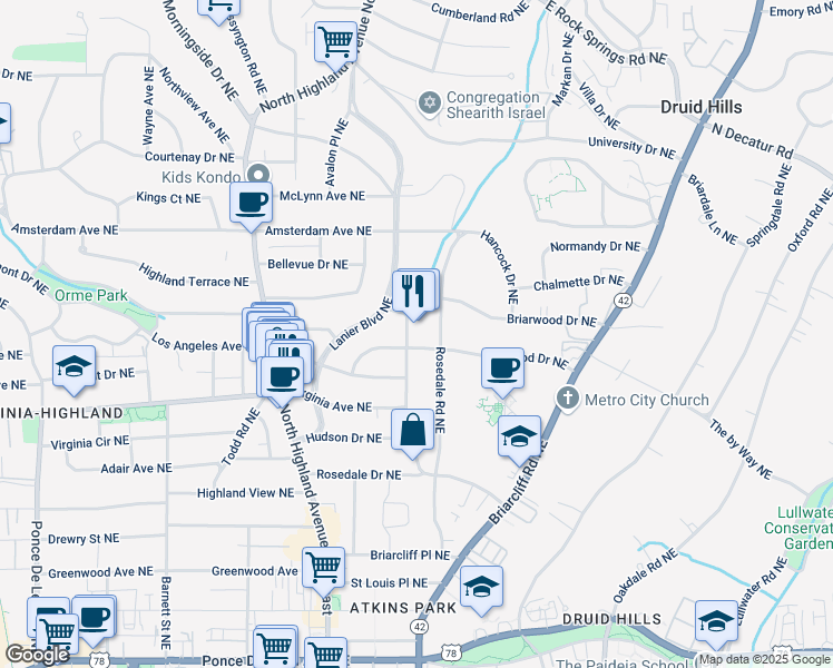 map of restaurants, bars, coffee shops, grocery stores, and more near 1085 North Virginia Avenue Northeast in Atlanta