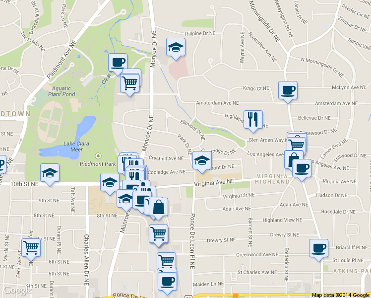 map of restaurants, bars, coffee shops, grocery stores, and more near 681 Park Drive Northeast in Atlanta