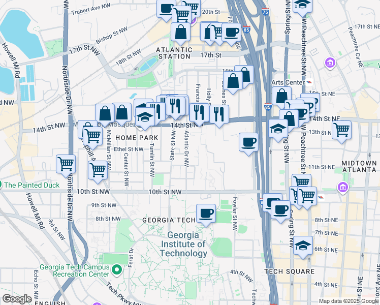 map of restaurants, bars, coffee shops, grocery stores, and more near 1087 Atlantic Drive in Atlanta