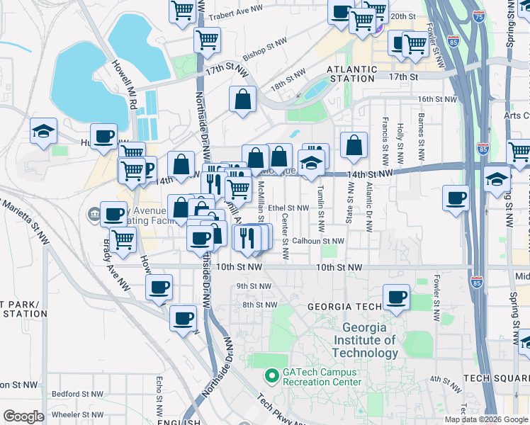map of restaurants, bars, coffee shops, grocery stores, and more near 494 Ethel Street Northwest in Atlanta