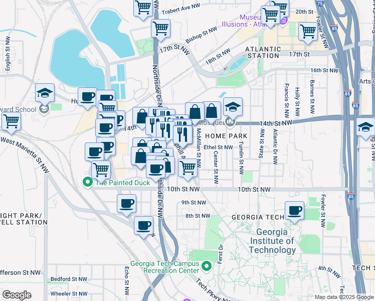 map of restaurants, bars, coffee shops, grocery stores, and more near 538 Ethel Street Northwest in Atlanta