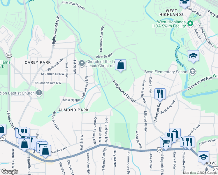 map of restaurants, bars, coffee shops, grocery stores, and more near 1090 Hollywood Road Northwest in Atlanta