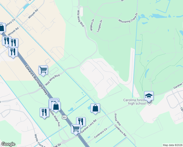 map of restaurants, bars, coffee shops, grocery stores, and more near 316 Wild Wing Boulevard in Conway