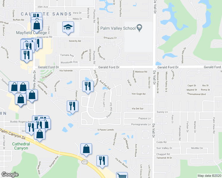 map of restaurants, bars, coffee shops, grocery stores, and more near 36561 Paseo Del Sol in Cathedral City