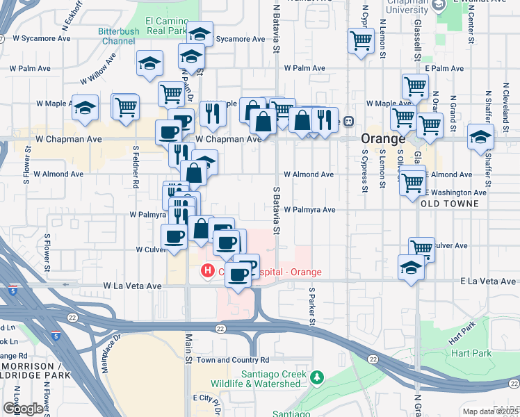 map of restaurants, bars, coffee shops, grocery stores, and more near 286 South Batavia Street in Orange