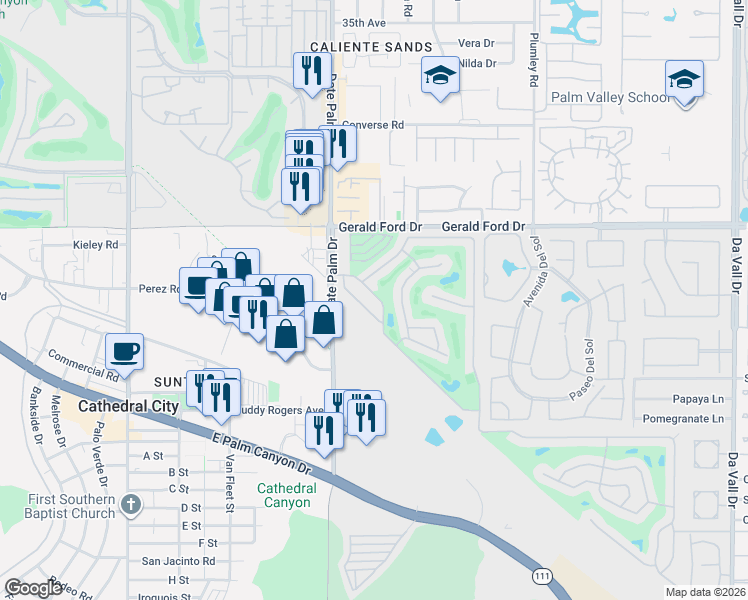 map of restaurants, bars, coffee shops, grocery stores, and more near 155 Estrada Way in Cathedral City