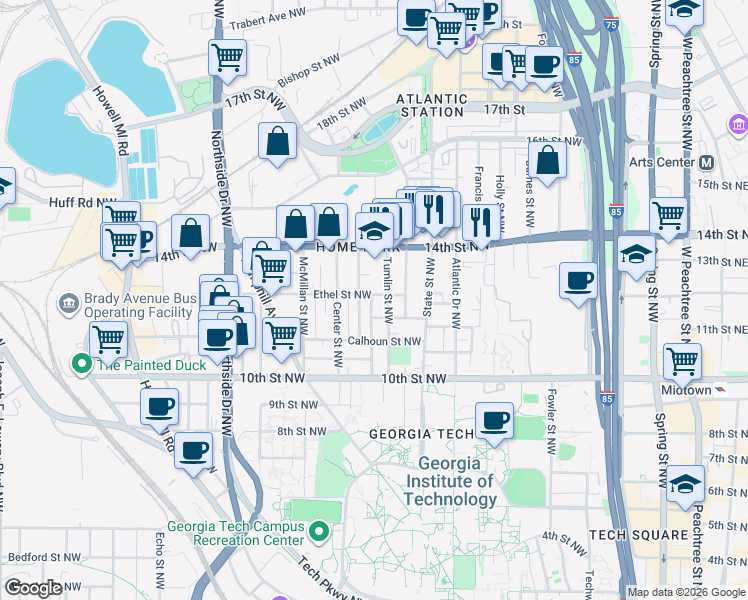 map of restaurants, bars, coffee shops, grocery stores, and more near 1085 Tumlin Street Northwest in Atlanta