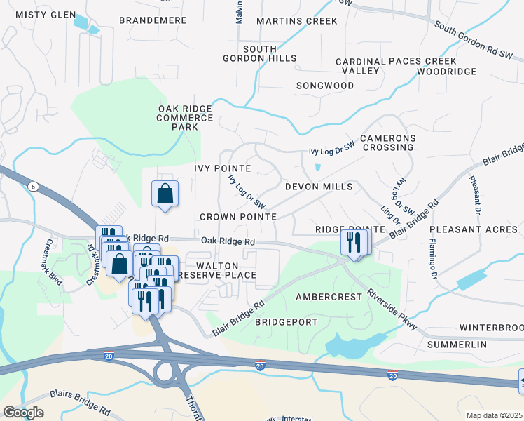 map of restaurants, bars, coffee shops, grocery stores, and more near 7002 Panda Road in Austell