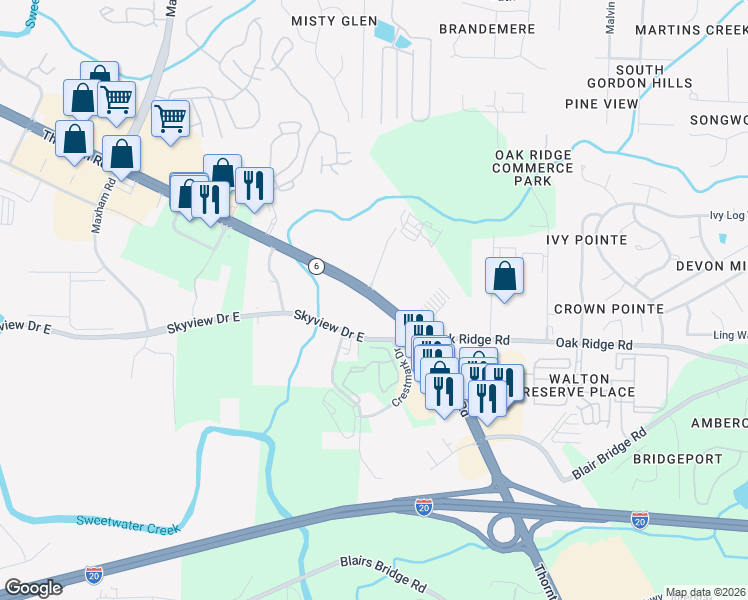 map of restaurants, bars, coffee shops, grocery stores, and more near 1280 Thornton Road in Lithia Springs