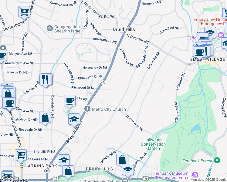 map of restaurants, bars, coffee shops, grocery stores, and more near 1225 Cameron Court Northeast in Atlanta