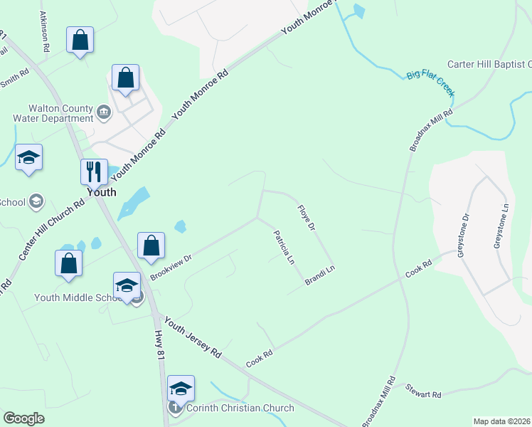 map of restaurants, bars, coffee shops, grocery stores, and more near 3600 Brookview Drive in Loganville