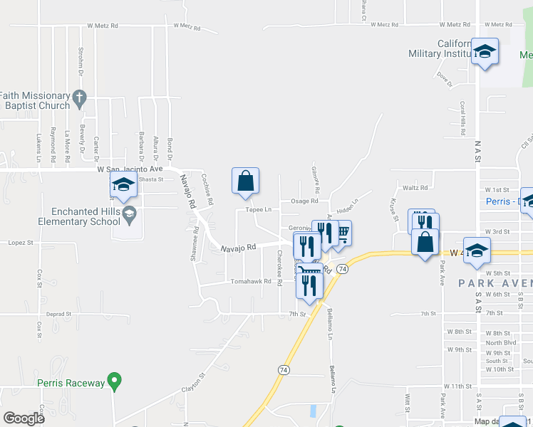 map of restaurants, bars, coffee shops, grocery stores, and more near 985 Tepee Lane in Perris