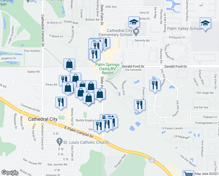 map of restaurants, bars, coffee shops, grocery stores, and more near 158 Estrada Way in Cathedral City