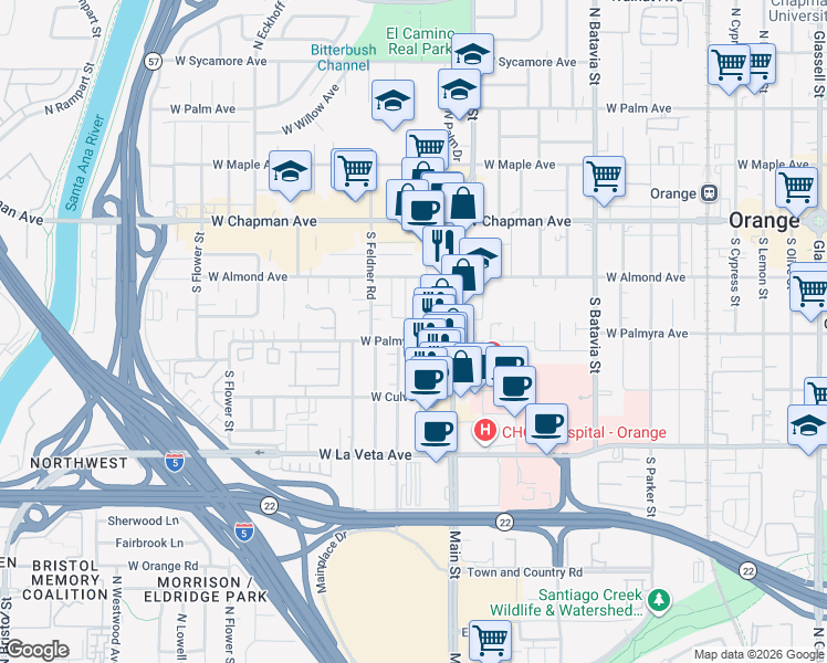 map of restaurants, bars, coffee shops, grocery stores, and more near 1519 West Palmyra Avenue in Orange