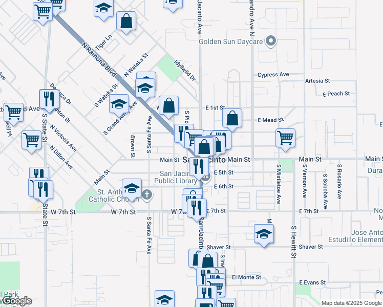 map of restaurants, bars, coffee shops, grocery stores, and more near 346 South Ramona Boulevard in San Jacinto