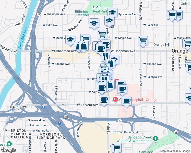 map of restaurants, bars, coffee shops, grocery stores, and more near 1545 West Palmyra Avenue in Orange