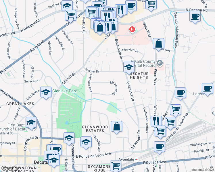 map of restaurants, bars, coffee shops, grocery stores, and more near 236 Mount Vernon Drive in Decatur