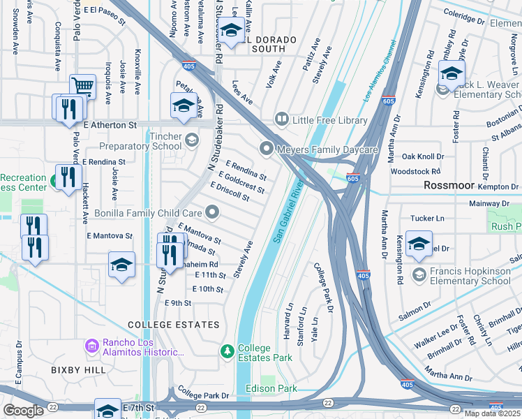 map of restaurants, bars, coffee shops, grocery stores, and more near 1417 Stevely Avenue in Long Beach