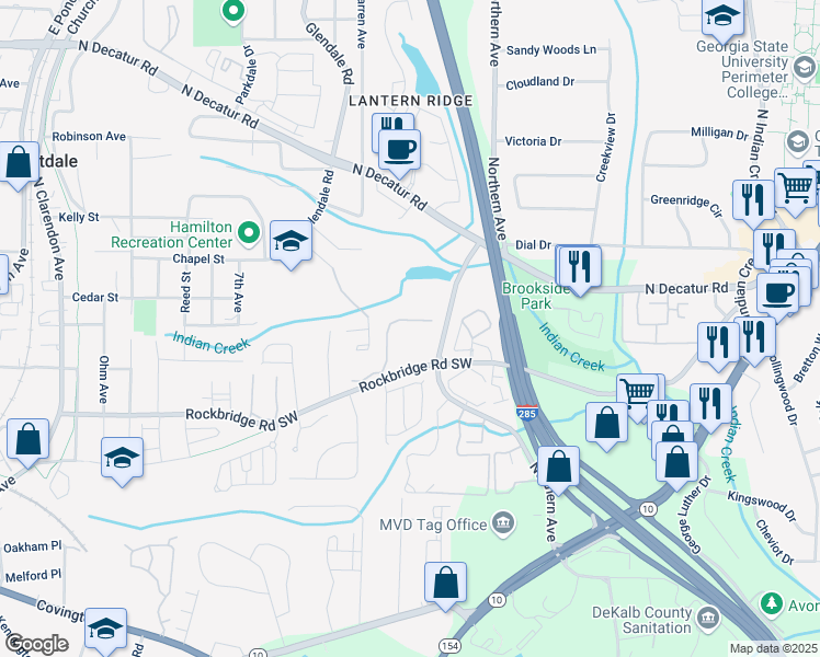 map of restaurants, bars, coffee shops, grocery stores, and more near 485 Wilfawn Way in Avondale Estates
