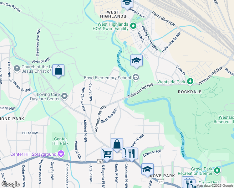 map of restaurants, bars, coffee shops, grocery stores, and more near 1974 Lois Place Northwest in Atlanta