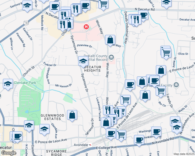map of restaurants, bars, coffee shops, grocery stores, and more near 404 Bridlewood Circle in Decatur