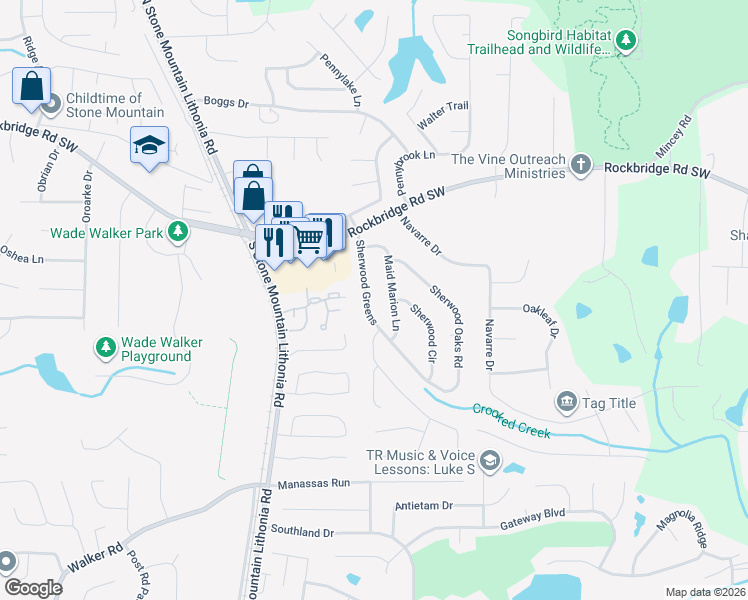 map of restaurants, bars, coffee shops, grocery stores, and more near 466 Sherwood Greens in Stone Mountain