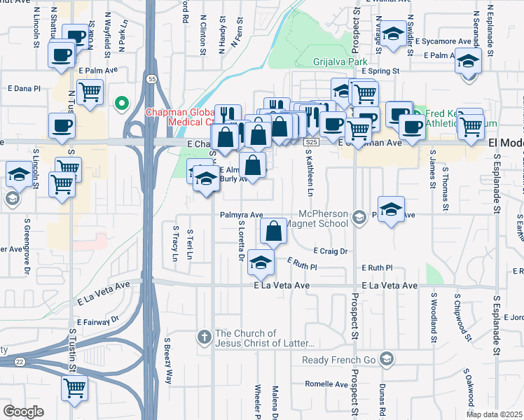 map of restaurants, bars, coffee shops, grocery stores, and more near 2741 East Palmyra Avenue in Orange