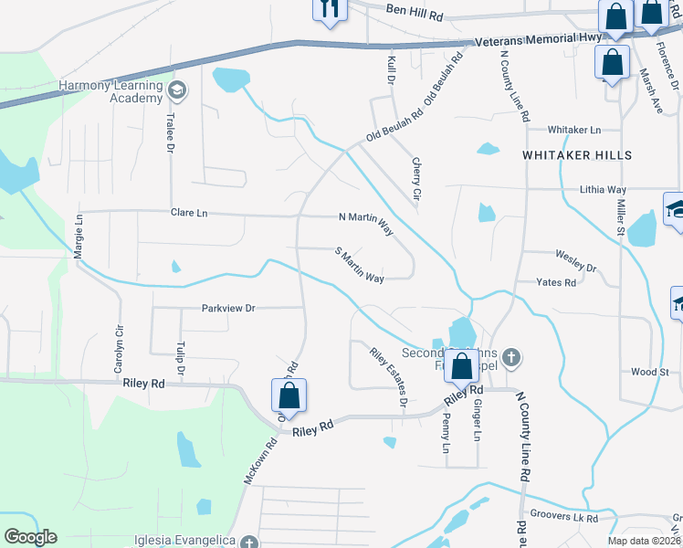 map of restaurants, bars, coffee shops, grocery stores, and more near 4178 South Martin Way in Lithia Springs