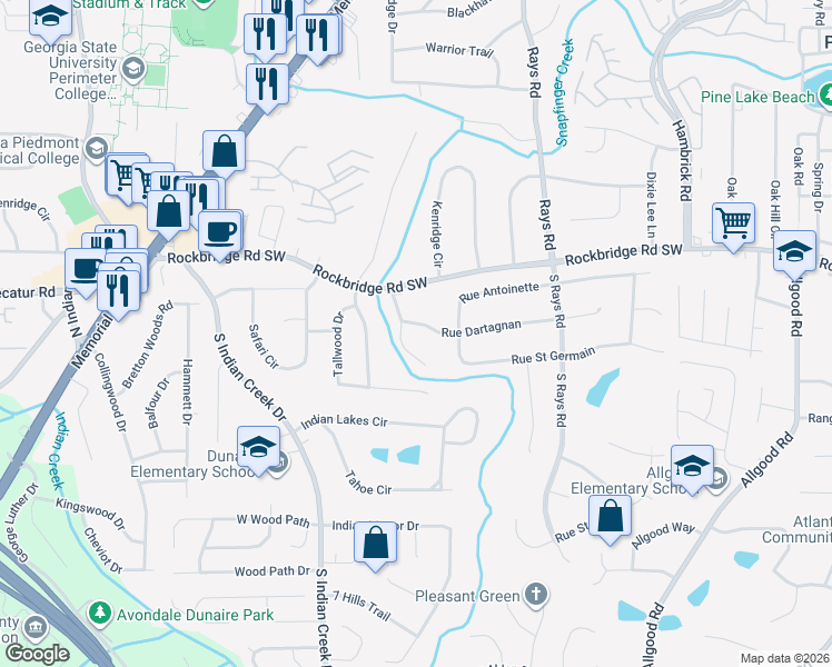 map of restaurants, bars, coffee shops, grocery stores, and more near 4053 Rue Dartagnan in Stone Mountain