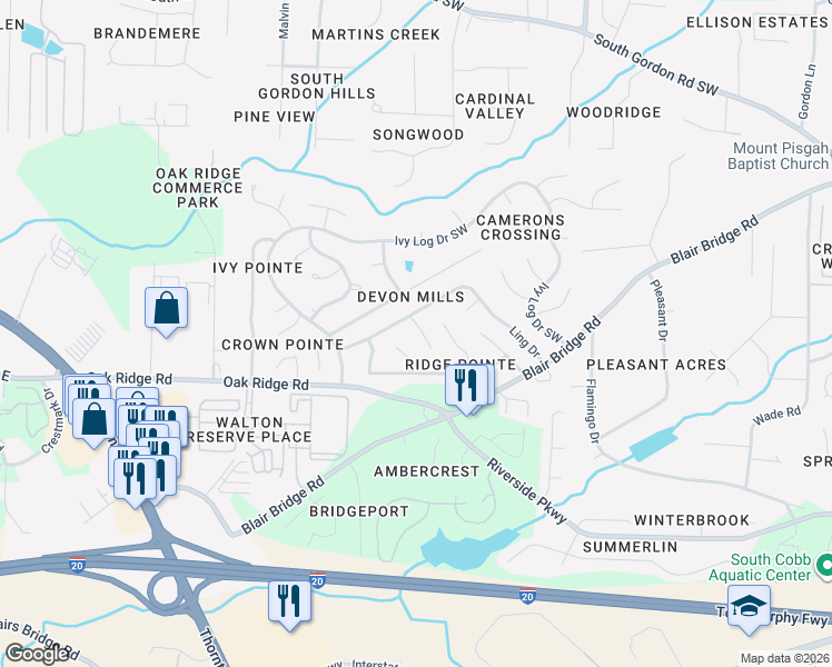 map of restaurants, bars, coffee shops, grocery stores, and more near 7104 Ling Court in Austell
